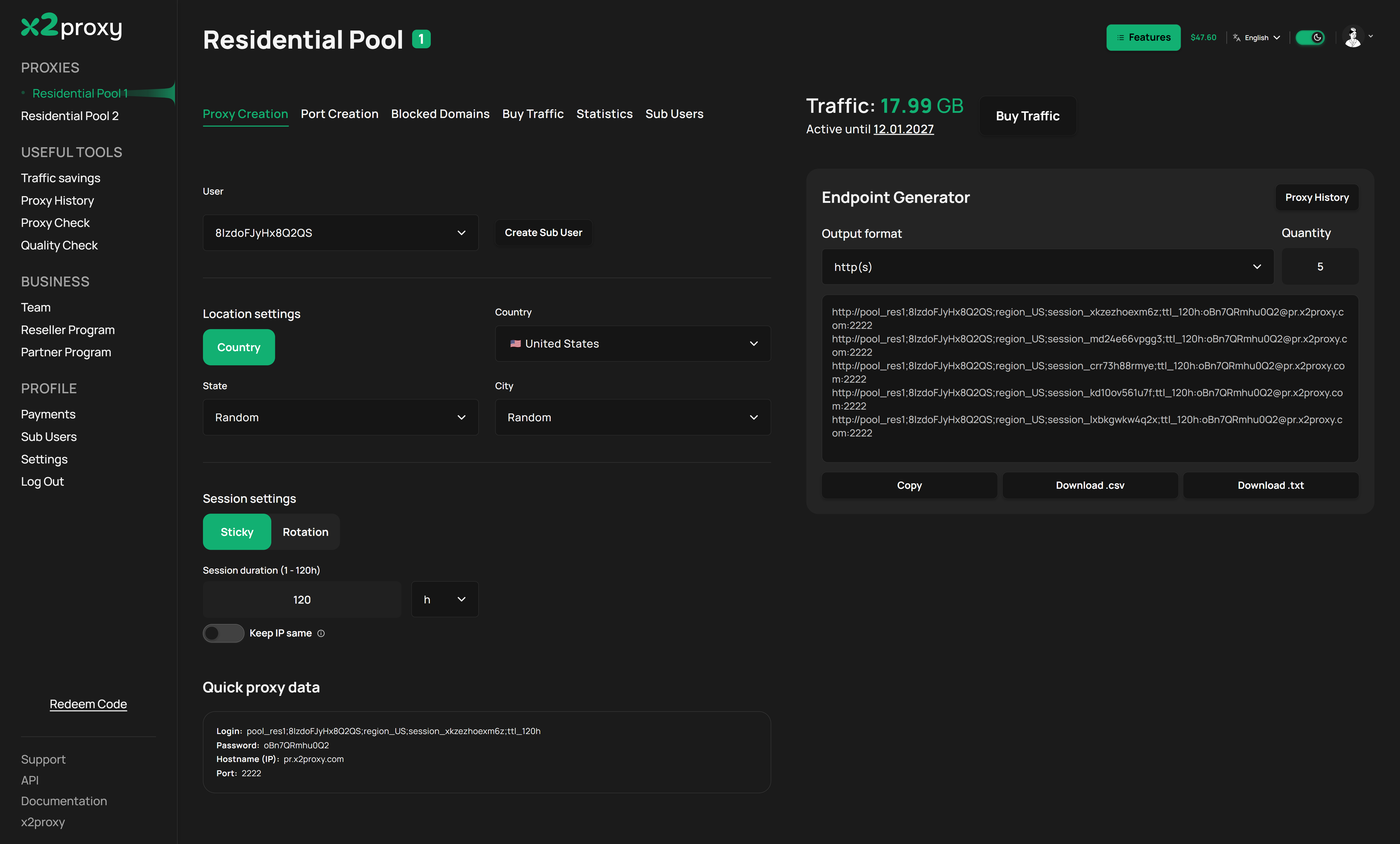 The Proxy Creation tab: sub-account selection, country, state and city, Sticky or Rotation sessions lasting up to 120 hours, the Keep IP same toggle, the Quick proxy data block, and the Endpoint Generator with a list of ready-made proxy strings plus Copy, Download .csv and Download .txt buttons.