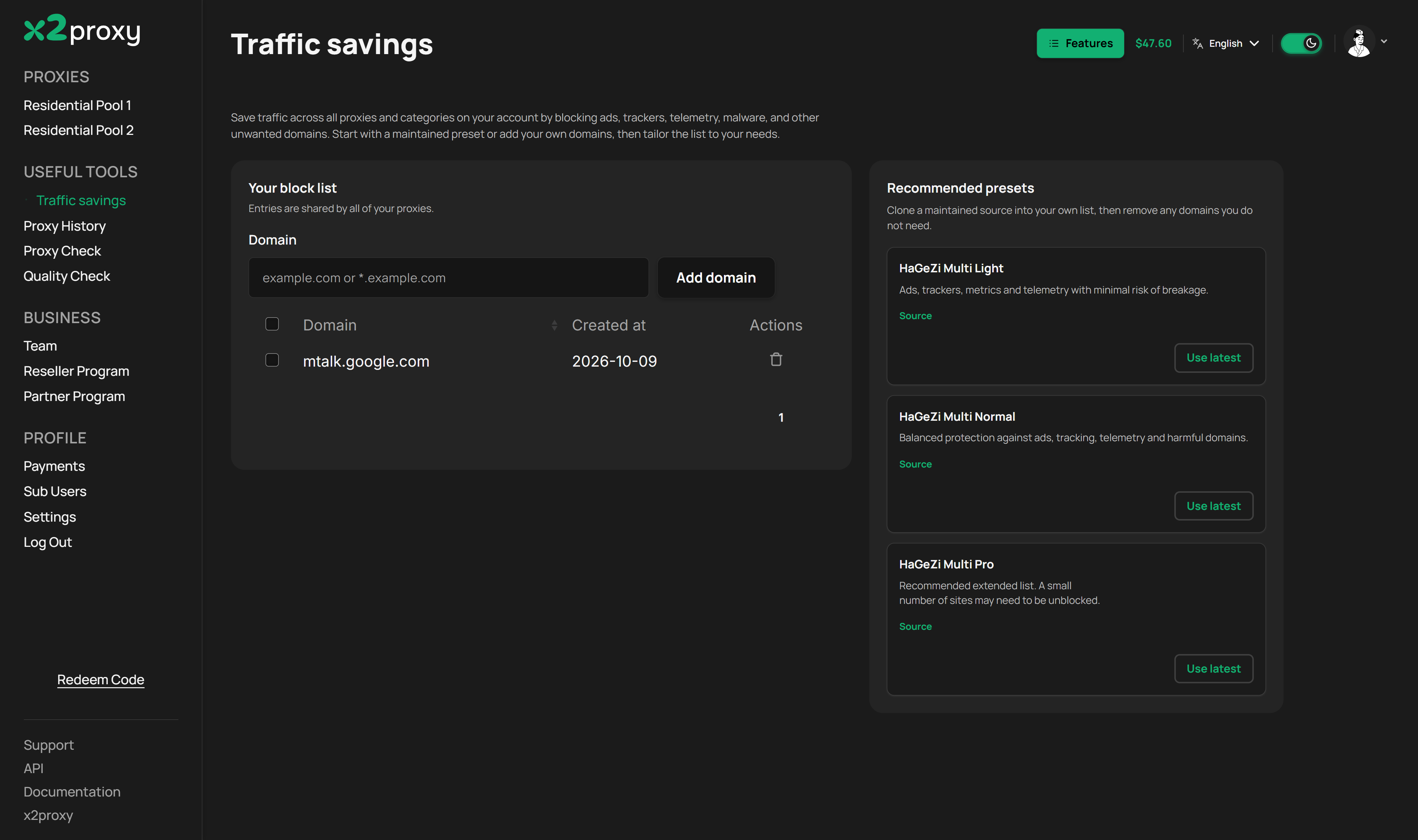 The Traffic savings page: a custom domain blocklist shared by all proxies, plus the HaGeZi Multi Light, Multi Normal and Multi Pro presets.